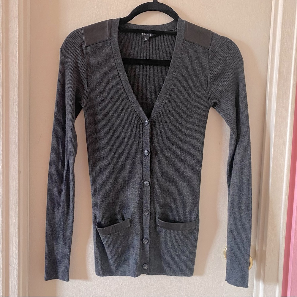 Theory Charcoal Grey Wool Blend Cardigan Sweater w Lambskin Leather Accents